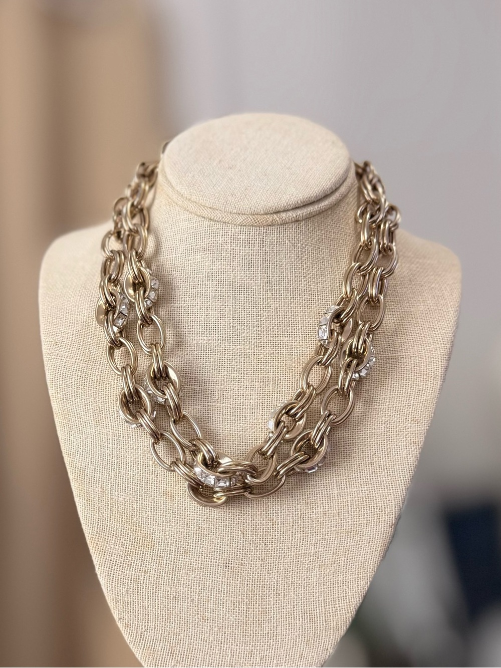 ✔BR Chunky Double Strand Gold Chain Crystal Statement Necklace